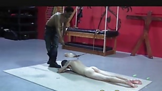 Master makes kinky twink kneel while whipping him rough